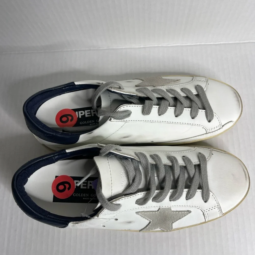 NEW GOLDEN GOOSE Superstar White WIth Navy pull tabs Gray Suede stars Size 6 - Picture 4 of 9